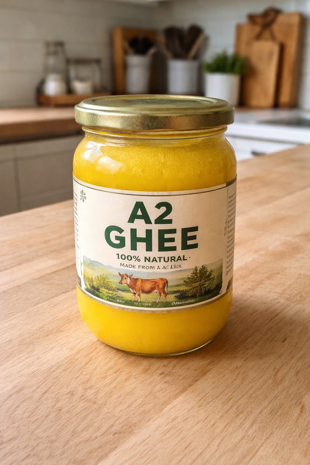 Golden clarified A2 ghee in glass jar