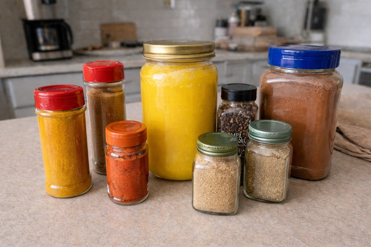 Colorful spice powders and whole spices